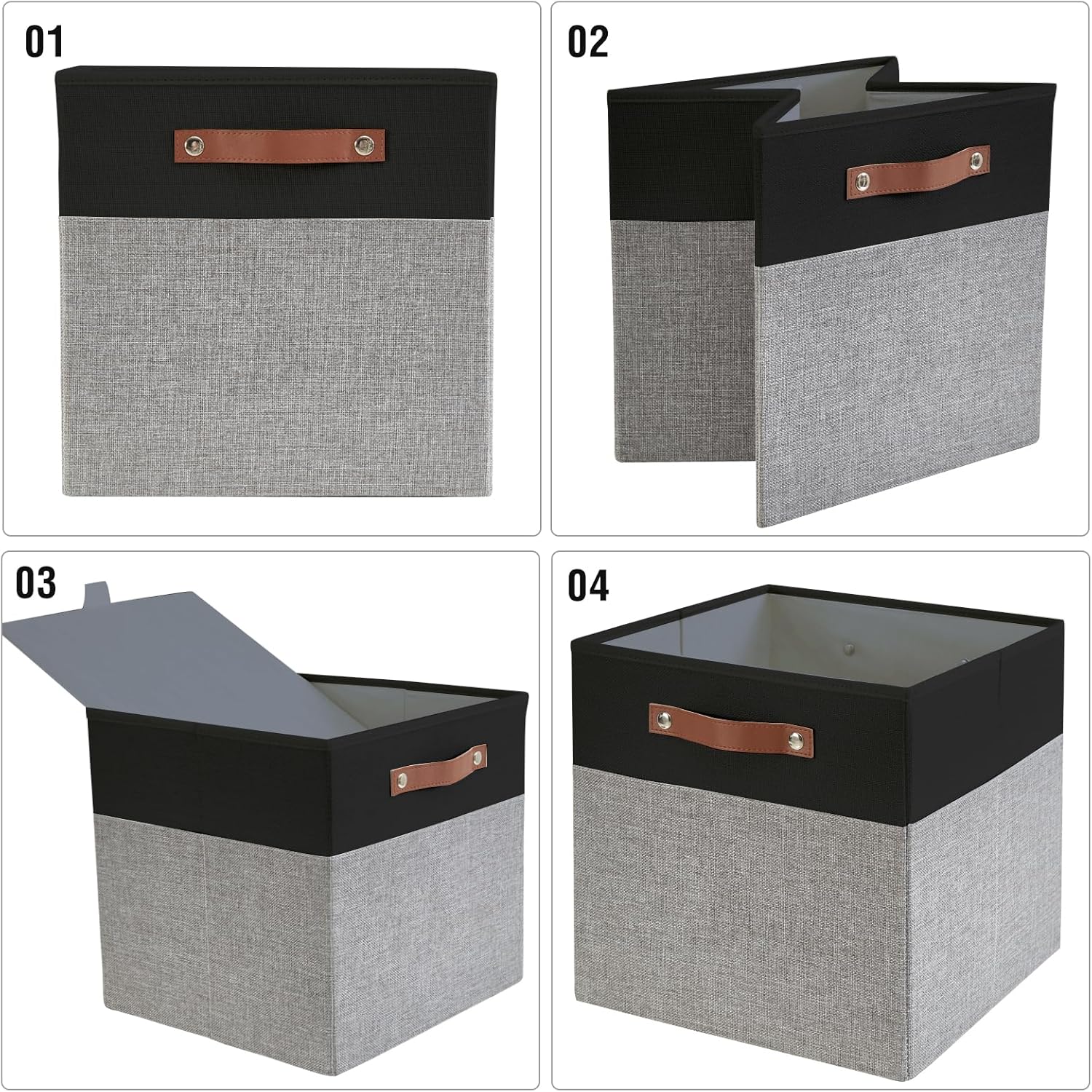 Collapsible Fabric Storage Cube Bins with 2 Reinforced PU Handles, Foldable Storage Organizer Baskets for Closet, Shelves, Living Room | 11"x11"x11", 4 Pack, Black & Gray