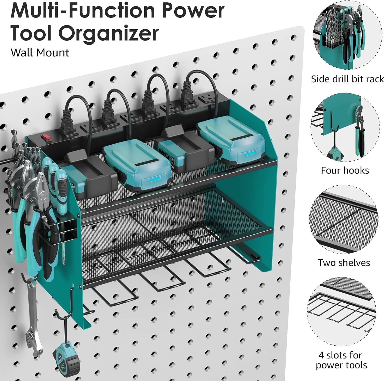 CCCEI Set Power Tool Organizer Wall Mount with Charging Station. Garage 4 Drill Storage Shelf with Hooks, Heavy Duty Metal Tool Battery Charger Organizer. Shop Utility Rack with Power Strip Navy Blue.