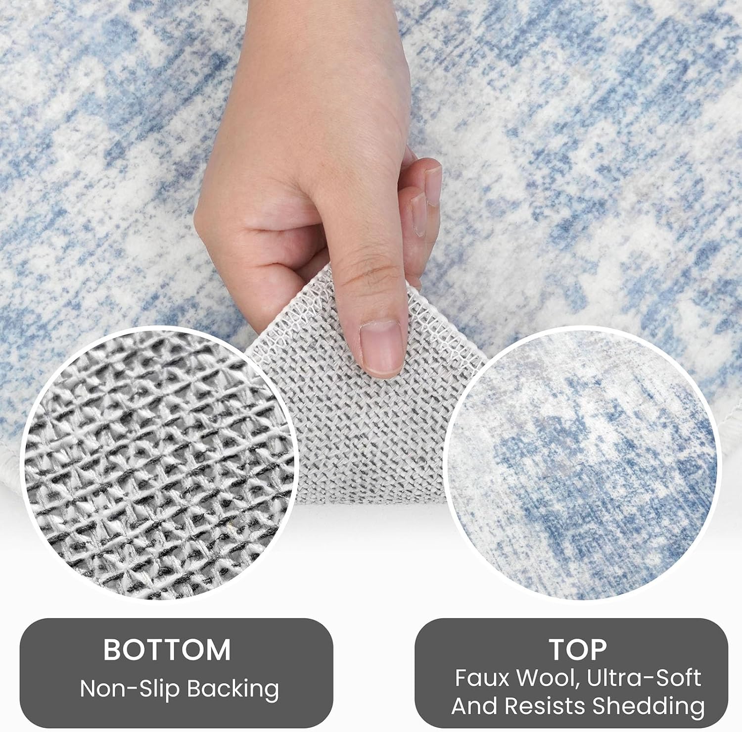 IOHOUZE Abstract Area Rugs 5x7 Ft Washable Rugs for Living Room, Non Slip Dining Room Rug, Printed Faux Wool Rugs for Bedroom, Floor Carpet for Office Nursery Playroom, Light Blue White
