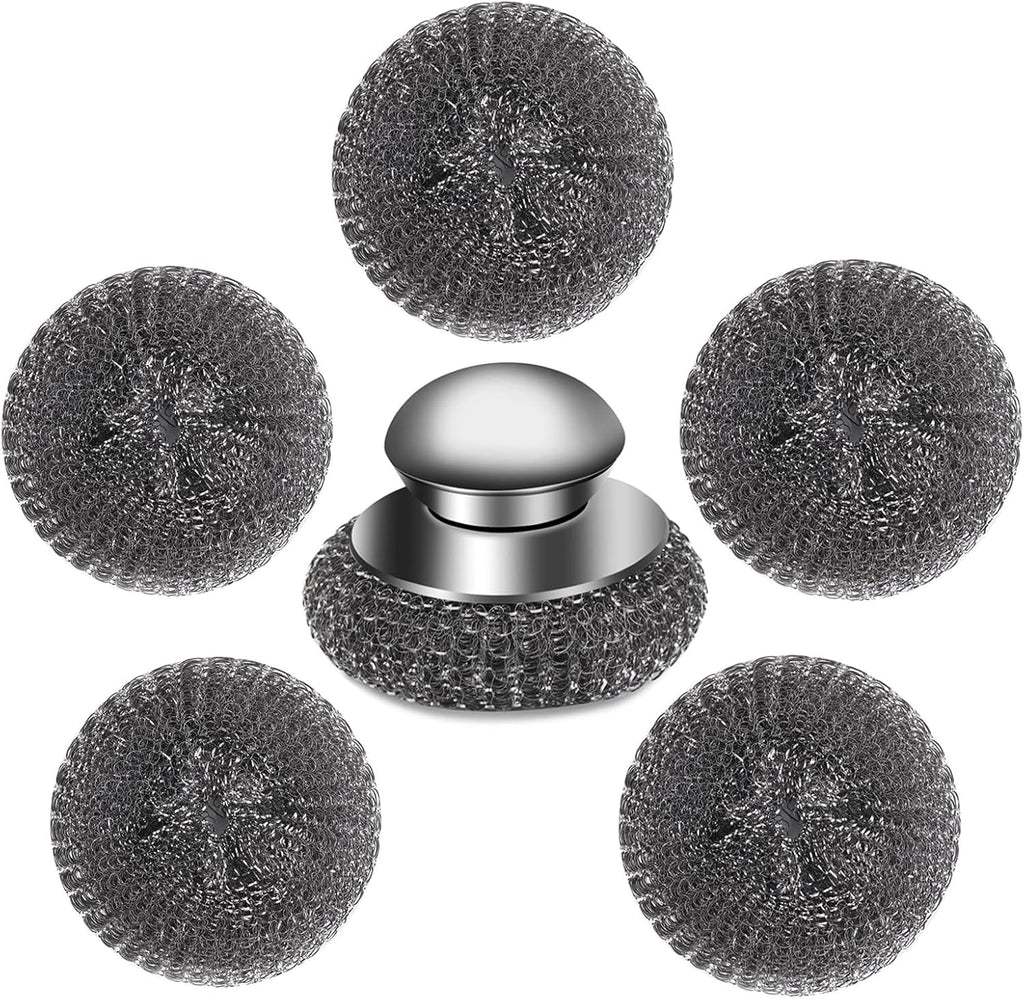 6Pcs Steel Wool Scrubber with Replacement Wire Pads Set, Stainless Steel Scrubber with Handle for Scouring Stubborn Messes from Cast Iron, Pots, Pans, Grill, Stoves, Sink(1 Scrubber+5 Pads)