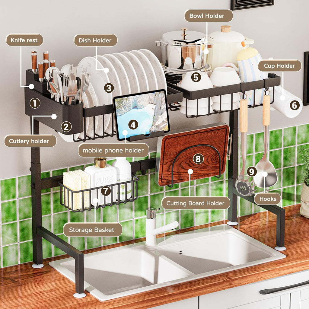 Over The Sink Dish Drying Rack, Expandable Height and Length, 2 Tier Large, Stainless Steel, 24-35.5 inches L x 12 inches W x 19-22 inches H