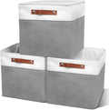 11in Open Fabric Storage Basket with Leather Handles for Organizing, Collapsible Linen Closet Bins for Shelves, Closets, Laundry, Decorative Basket for Gifts. (White＆Gray, 3PCS/11x11in)