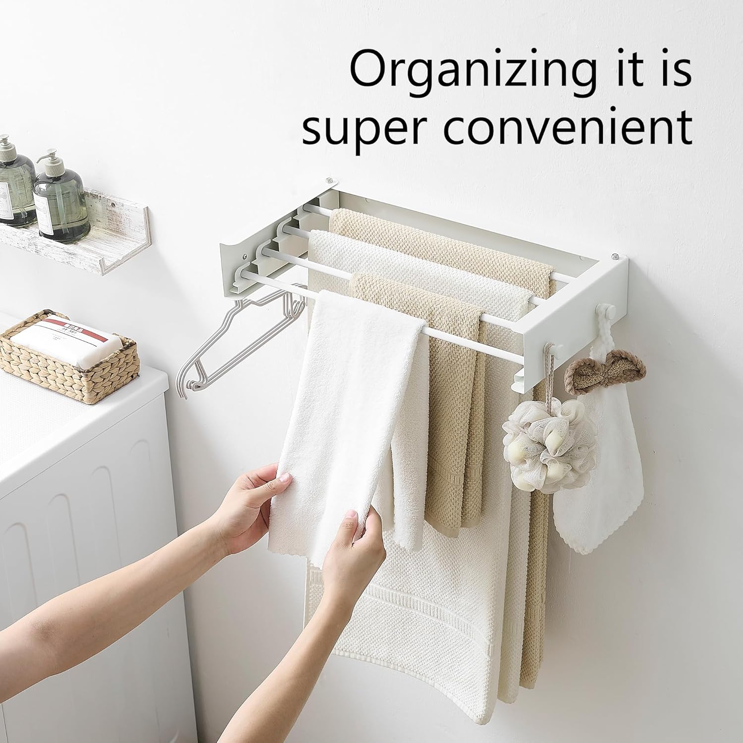Clothes Drying Rack, Laundry Hanger Dryer Rack, Wall Mounted Drying Rack for Laundry, Foldable Drying Rack Indoor Outdoor,19.7" Wide,4 Aluminum Rods with Hooks, 40 lb Capacity (White 19.7" Hooks)