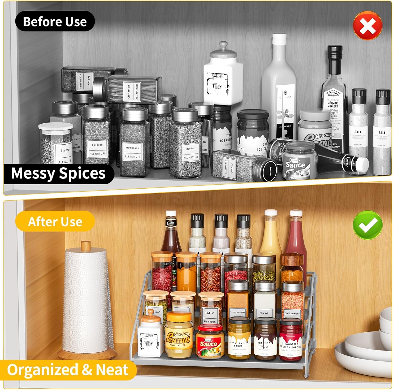 RCHYFEED 4 Tier Spice Rack Organizer, Spice Organization for Cabinet,Pantry, Countertop,Tiered Spice Rack Easy Visibility,Depth Expandable Seasoning Shelf for Kitchen Cabinet Organizer,Silver