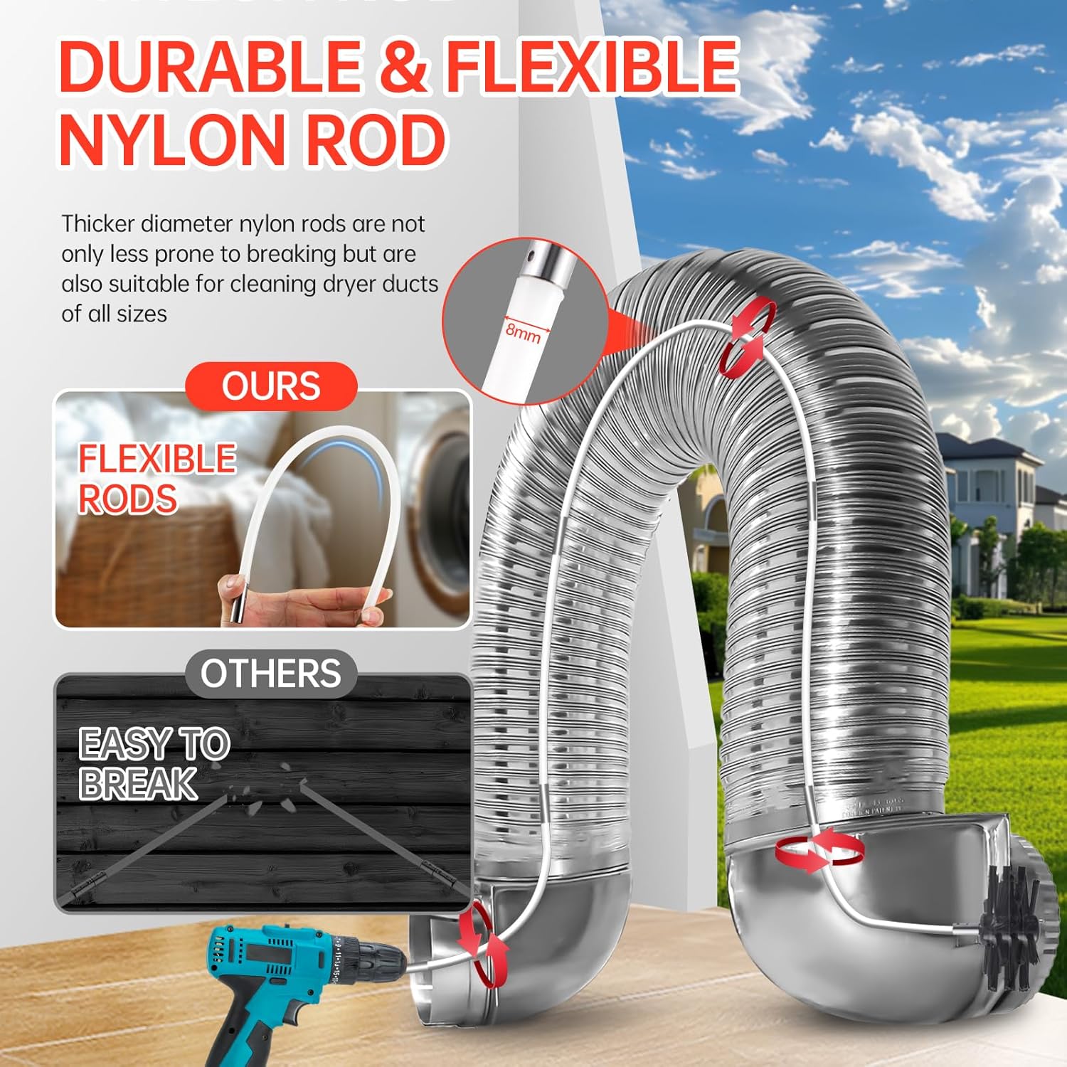 Dryer Vent Cleaner Kit, Bluesea 33-Piece Omnidirectional Dryer Cleaning Kit Include 50 Feet Dryer Vent Brush, Upgrade Noiseless Dryer Lint Vacuum Attachment, Lint Trap Brush, Vacuum & Dryer Adapters