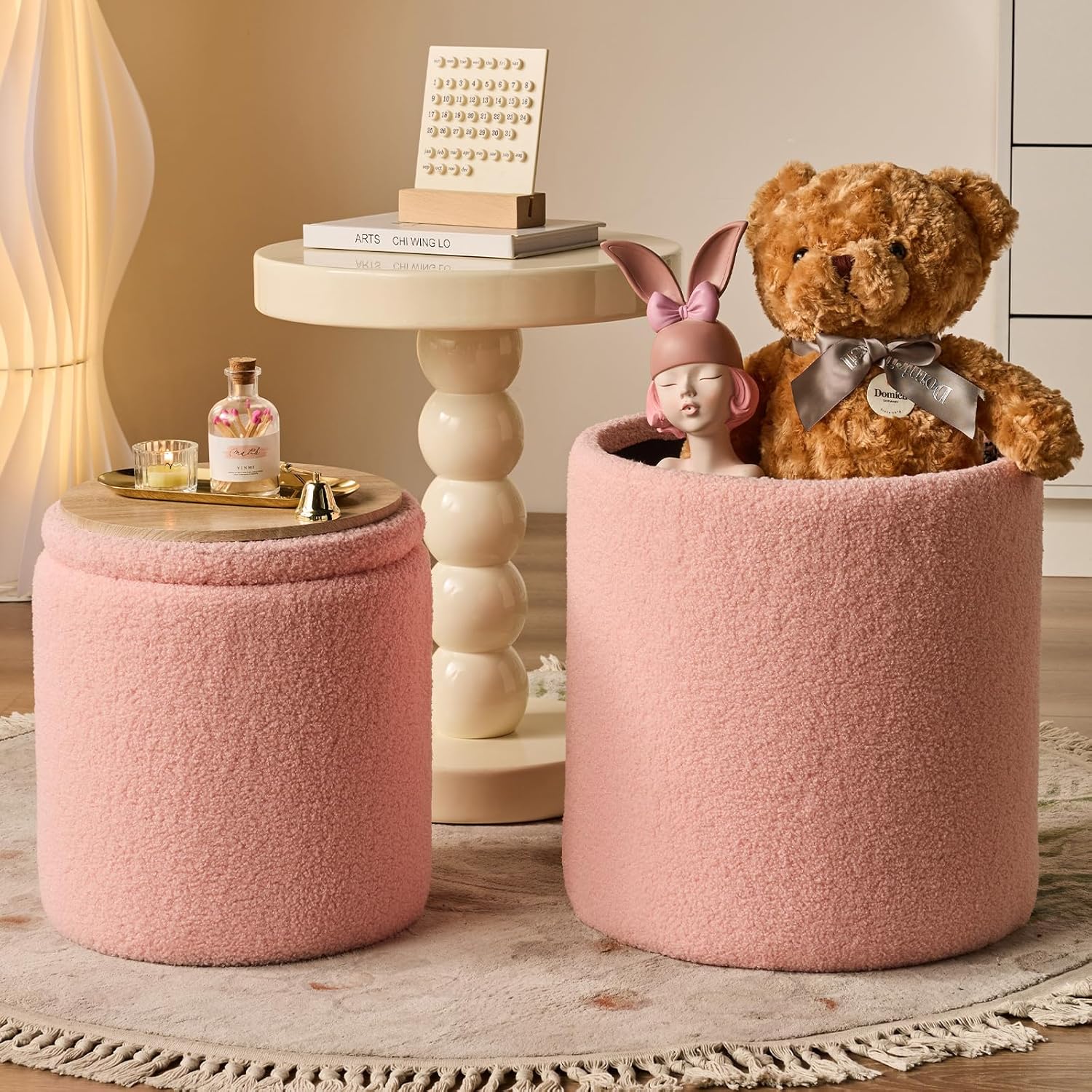 Round Ottoman with Storage Set of 2-Upholstered Sherpa Vanity Stool for Makeup Multifunctional Ottomans Coffee Table Padded Seat Foot Rest for Living Room&Bedroom(Sherpa Pink)