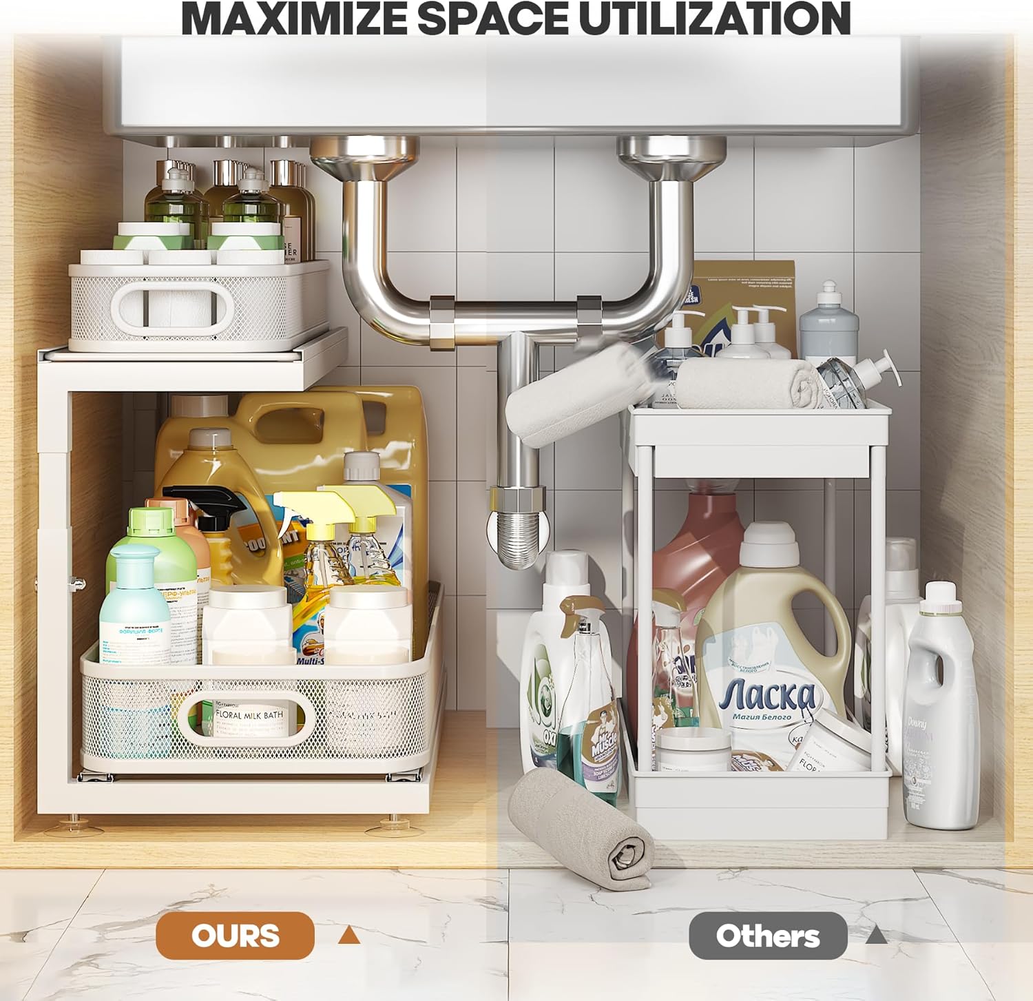 2-Pack 21.3 IN Depth Under Sink Organizer With Next-Gen Ball-Bearing Slides,Sophisticated Mesh 2-Tier Pull Out Shelf for Kitchen & Bathroom,Fits Small Items-Gun Gray