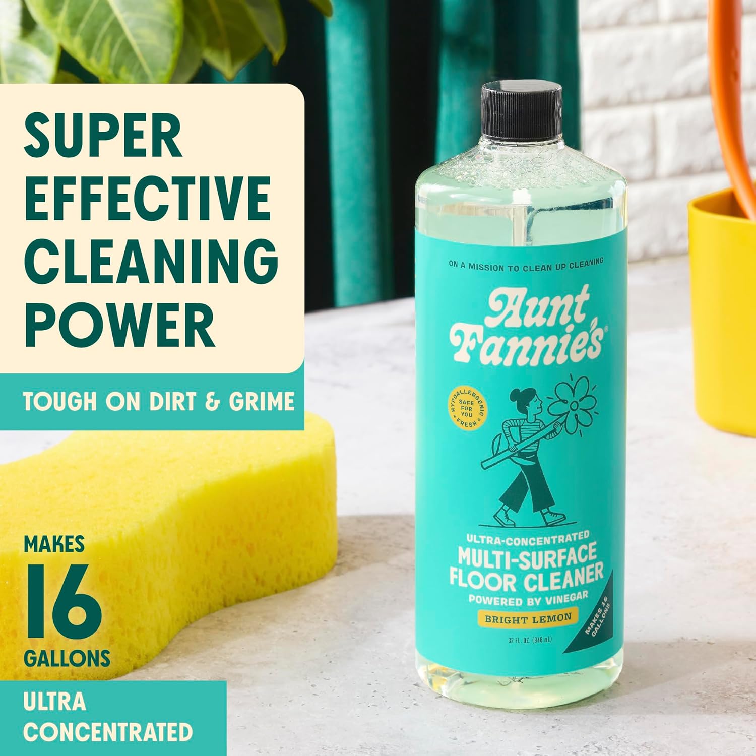 Aunt Fannie's Ultra Concentrated Floor Cleaner Vinegar Wash, Multi-Surface Solution For Mopping, Makes 16 Gallons, Bright Lemon Scent, 32 oz. (Pack of 3)