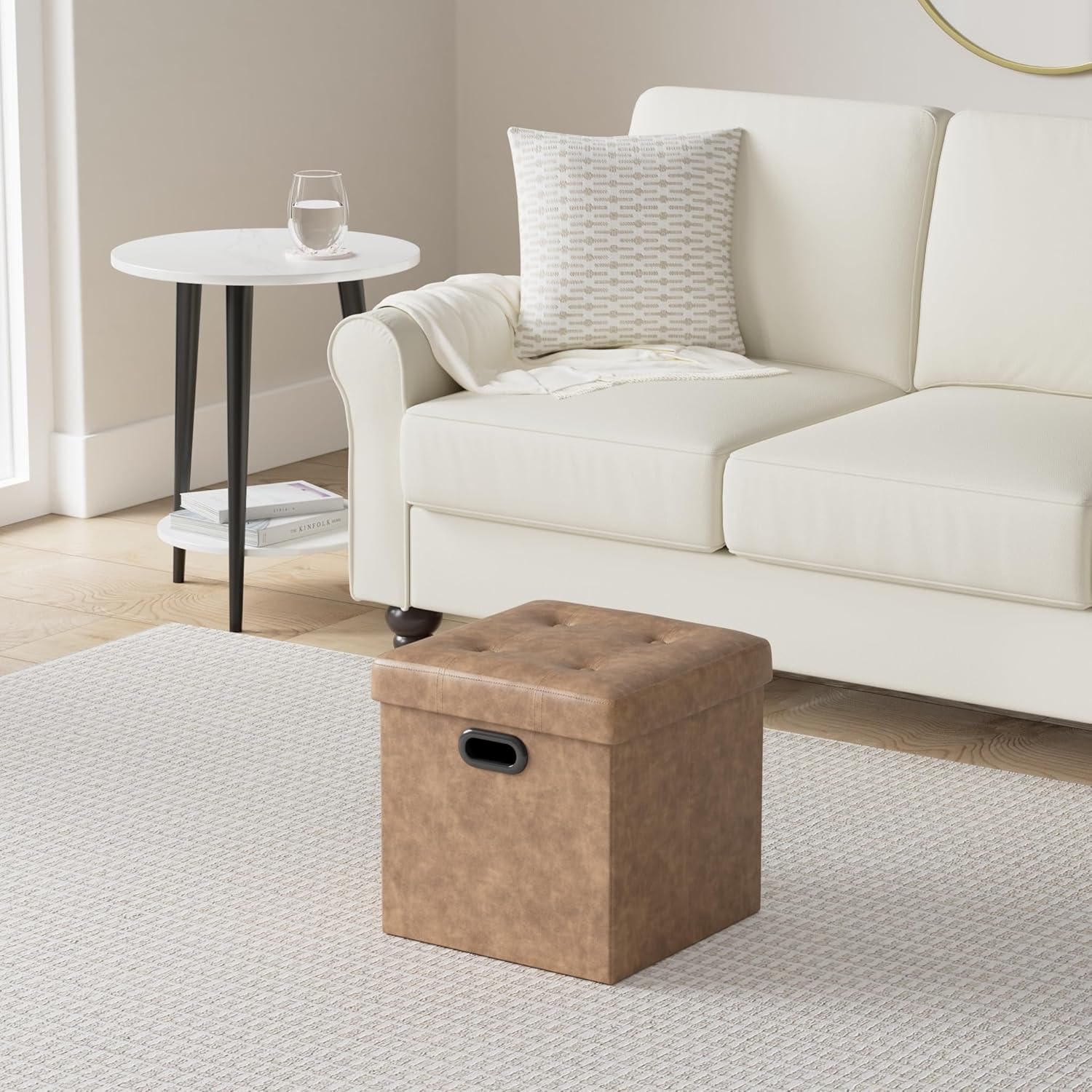 SONGMICS Mazie Collection - 15 Inches Ottoman with Storage, Footstool, Storage Ottoman with Metal Handles, Load 660 lb, for Dorm, Living Room, Bedroom, Synthetic Leather, Coffee Brown ULSF030K01