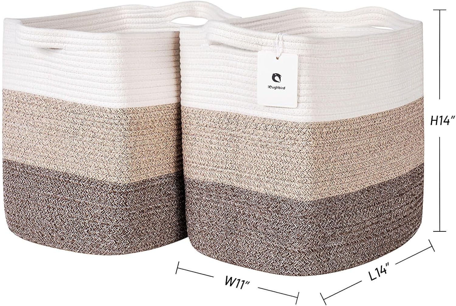 Storage Baskets for Clothes Fabric Cotton Rope Storage Basket with Handles, Decorative Woven Basket for Living Room,Closet Organizer Blankets, and 2bags (Gradient Brown, L14×W11×H14)