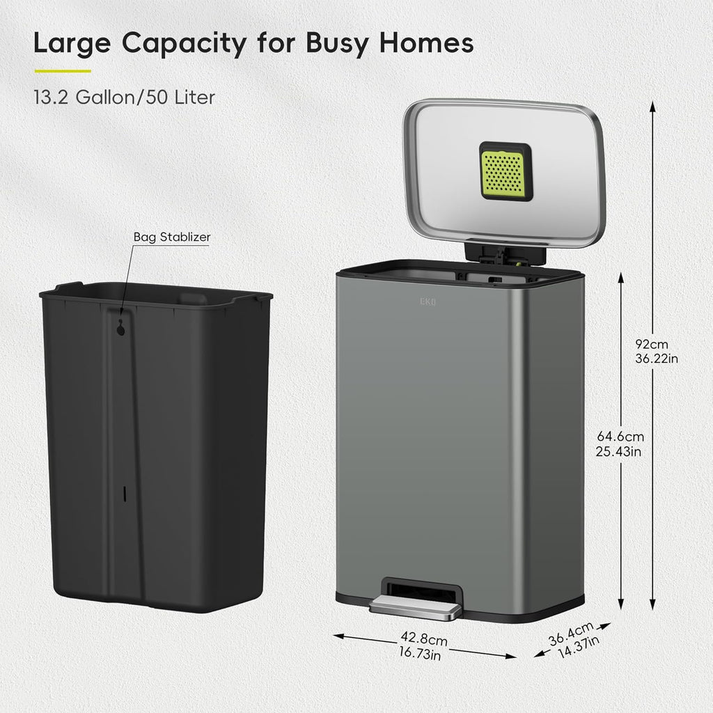 EKO Madison Nardo Grey Stainless Steel 50 Liter/13.2 Gallon Step Trash Can with Inner Liner - Fingerprint Resistant Finish