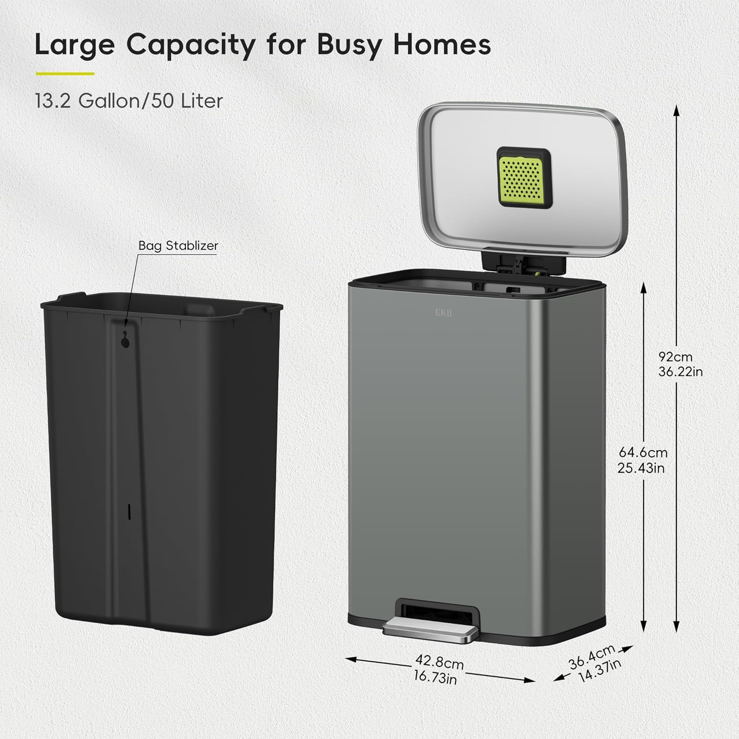 EKO Madison Nardo Grey Stainless Steel 50 Liter/13.2 Gallon Step Trash Can with Inner Liner - Fingerprint Resistant Finish