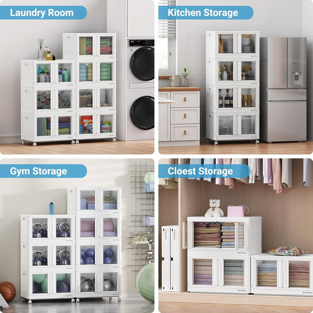 BROVIEW 160Gal Stackable Storage Bins with Lids & Wheels, 640Qt Plastic Collapsible Closet Organizer and Storage Drawers, Storage Boxes Cabinets for Home, Office, 8 Pack, White