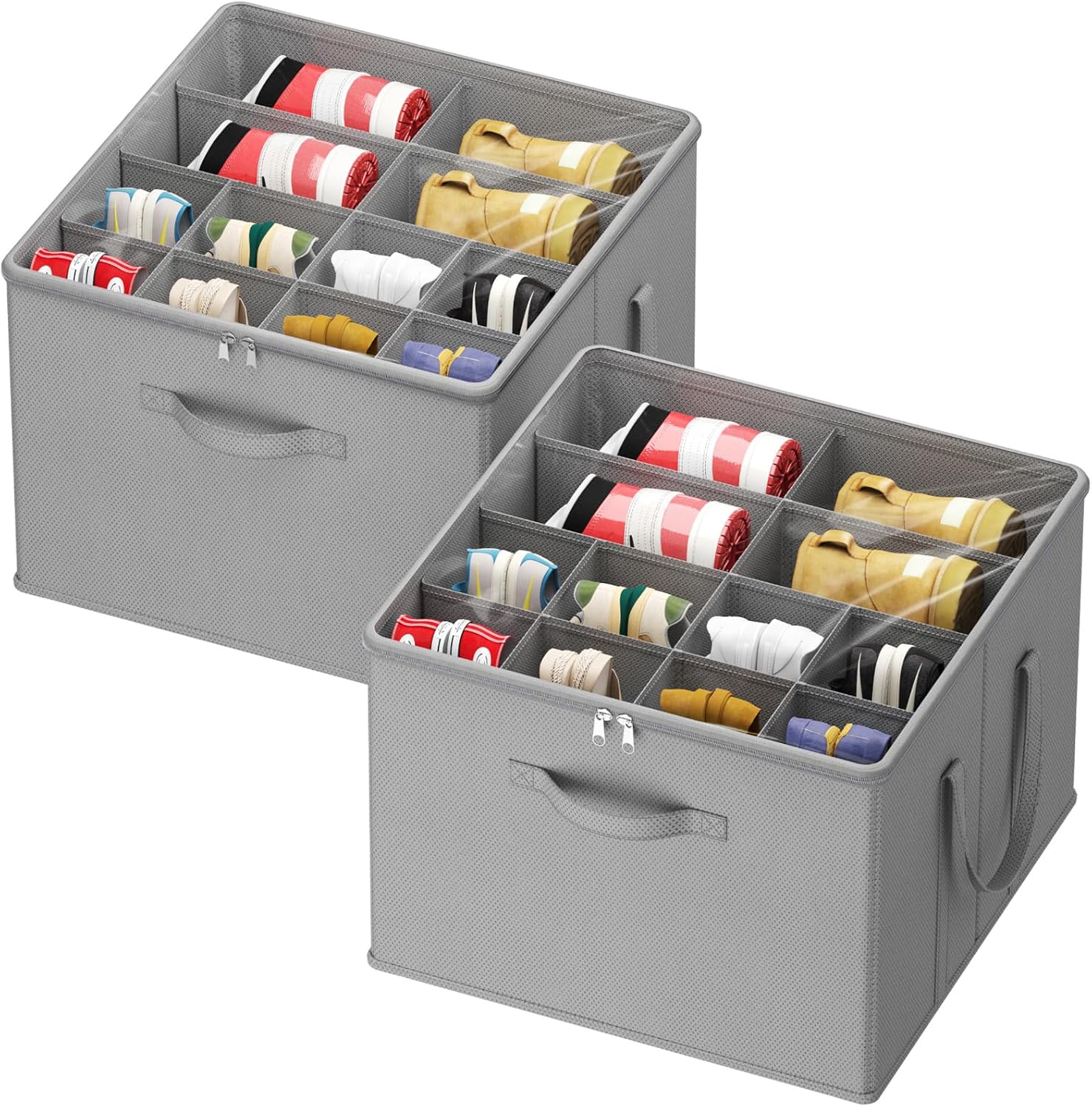 Lifewit Shoe Storage Organizer for Closet Fits 12-16 Pairs, Fabric Large Shoe Box Storage Containers with Clear Cover, Foldable Bins Fit for Boots Sneakers 17"(L) x 17"(W) x 12.5"(H) 2 Pack Light Gray