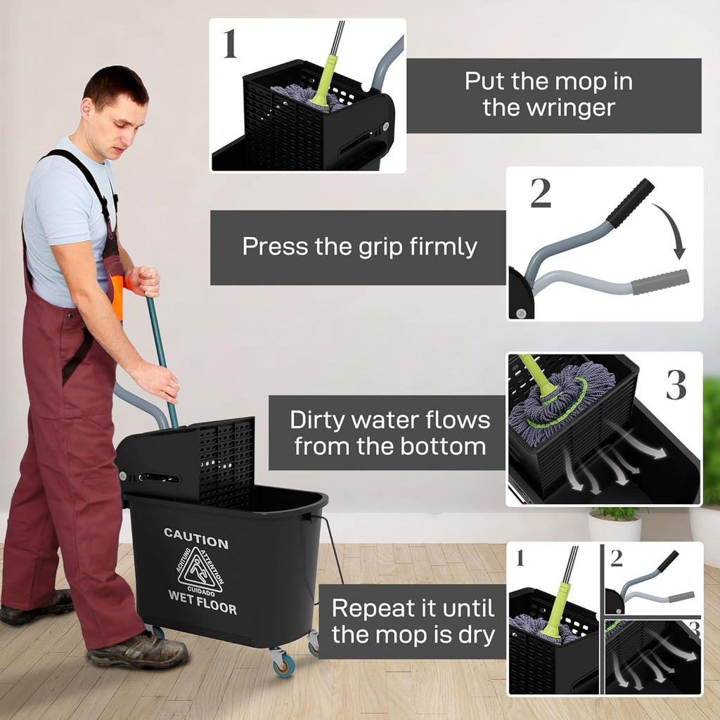 HOMCOM Compact Mop Bucket with Wringer on Wheels for Floor Cleaning, 21 Quart, Separate Dirty and Clean Water, for Home, Apartment, Black
