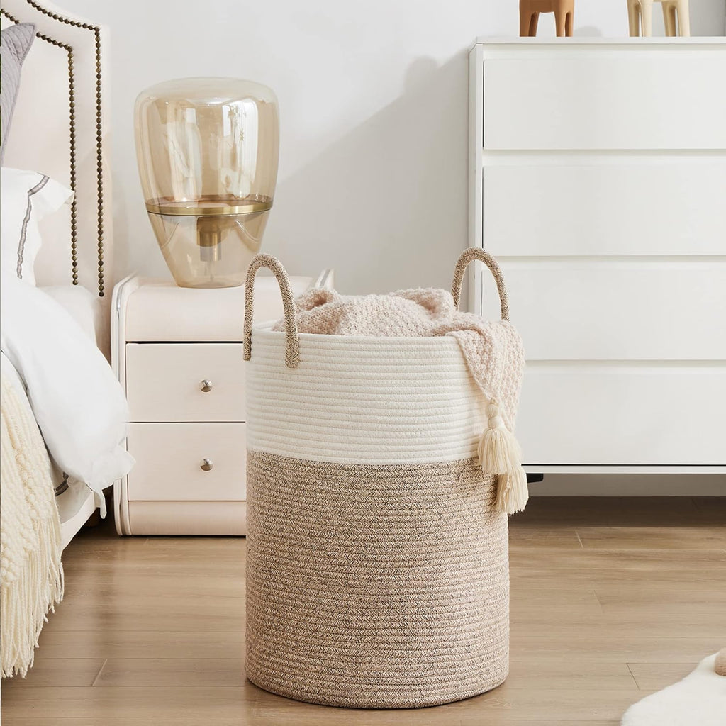 YOUDENOVA Woven Rope Laundry Hamper Basket, 58L Tall Laundry Basket, Baby Nursery Hamper for Blanket Storage in Bedroom-Large-Brown