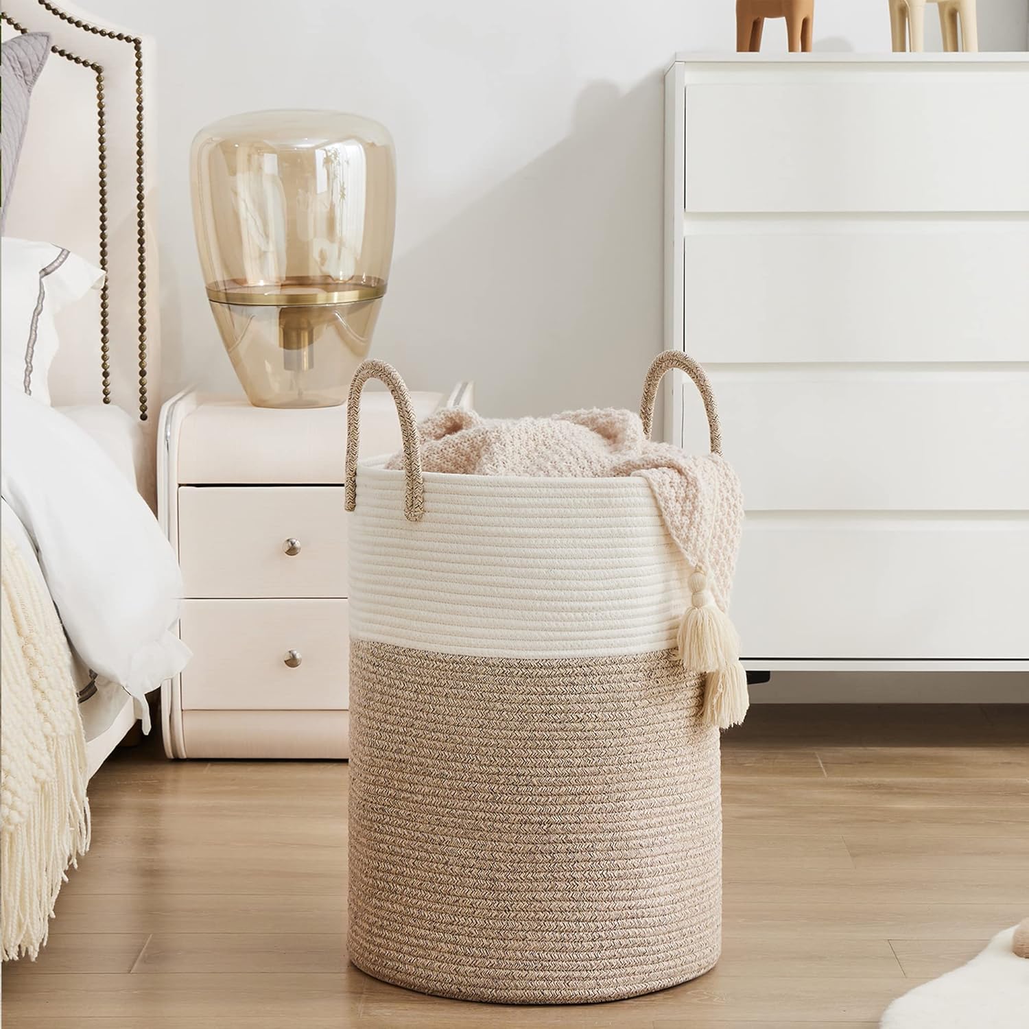 YOUDENOVA Woven Rope Laundry Hamper Basket, 58L Tall Laundry Basket, Baby Nursery Hamper for Blanket Storage in Bedroom-Large-Brown