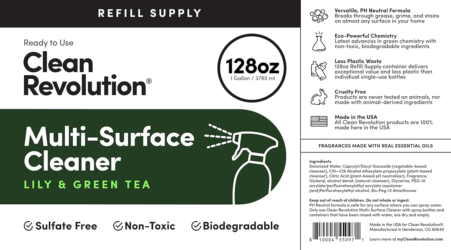 Clean Revolution Multi Surface Cleaner Refill Supply, Non-Toxic, Eco-Friendly & Plant-Based, Ready to Use, Lily & Green Tea, 128 Fl Oz (1 Gallon)
