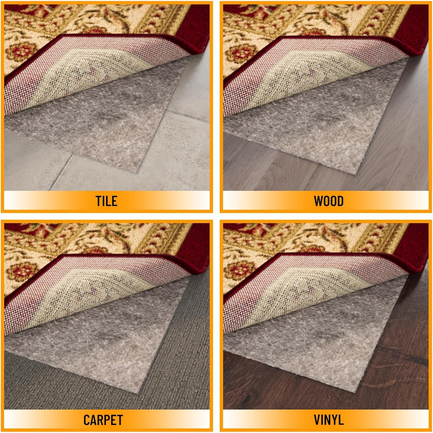 Ottomanson 8' x 10' Non-Slip Rug Pad Gripper 1/4 Inch Thick Dual Surface Felt + Rubber Gripper - Safe for All Floors, Brown