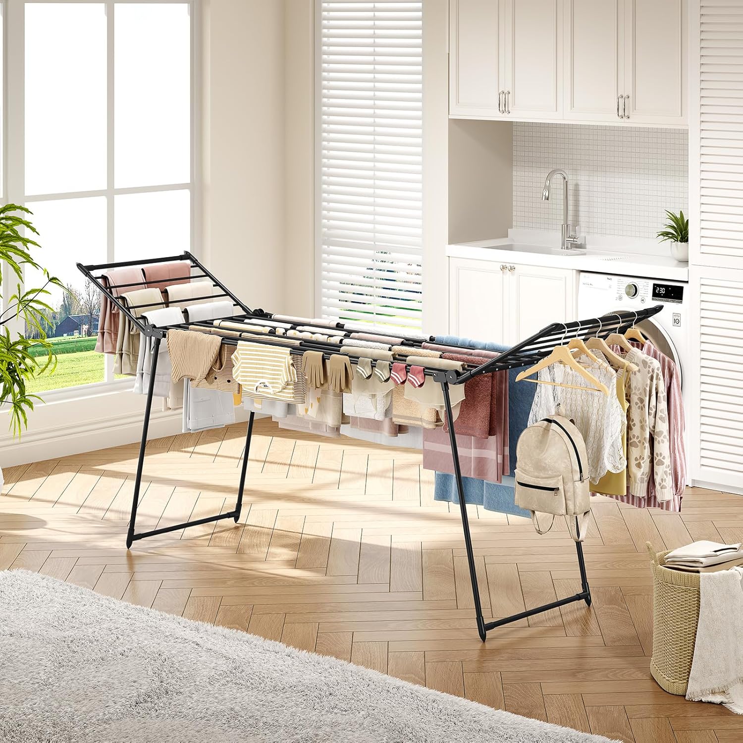 APEXCHASER Clothes Drying Rack Foldable, Large Drying Rack Clothing Retractable, Metal Clothes Airer for Bedding Towel Sweater Heavy Duty, Indoor Outdoor Use, 21.9"W x 100"L x 39"H, No Assembly, Black