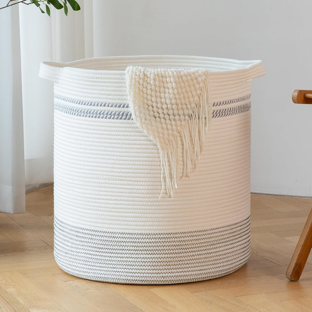 OIAHOMY 80L Laundry Basket, Laundry Hamper, Cotton Rope Storage Basket with Handles, Decorative Woven Basket for Living Room,Storage Baskets for Clothes, Blankets, and Toys -20''×18'', White&Gray