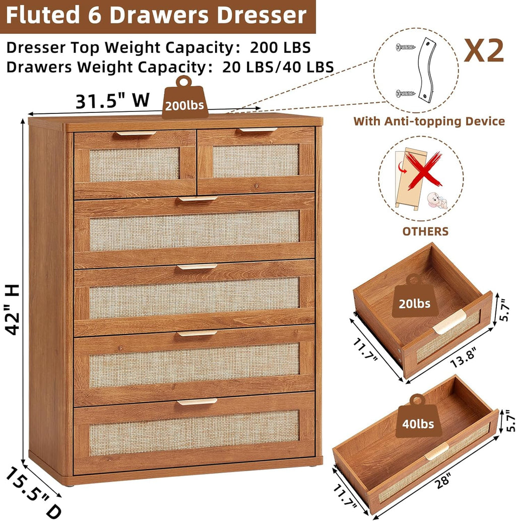 LEYAOYAO Rattan Dresser for Bedroom, 42" Tall Chest of Drawers, Modern 6 Drawers Boho Dressers with Storage, Vintage Brown Dresser Wooden Closet Organizer for Living Room, Hallway
