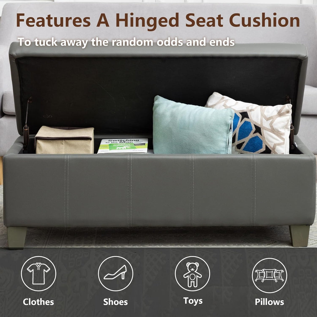 51 Inch Faux Leather Ottoman with Storage, End of Bed Bench with Large Storage, Rectangular Extra Long Bench for Bedroom and Living Room, Light Grey