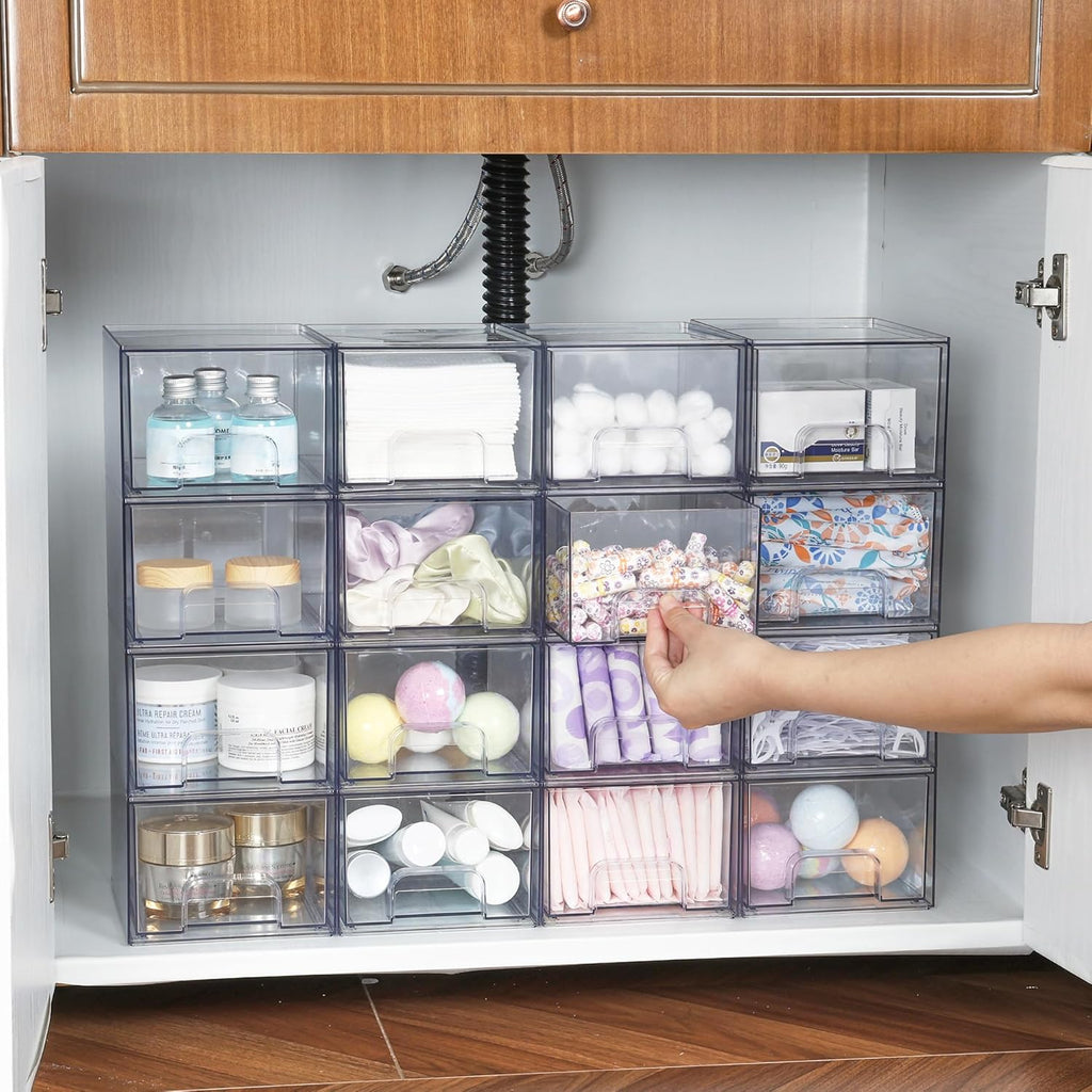 Vtopmart 12 Pack Clear Small Stackable Storage Drawers,Acrylic Bathroom Makeup Organizer,Plastic Storage Bins For Vanity, Undersink, Kitchen Cabinets, Pantry, Home Organization