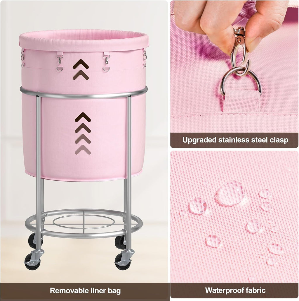 ELYKEN Laundry Basket with Wheels, 170L Rolling Laundry Hamper with Removable Bag and Steel Frame, Round Laundry Cart with 4 Casters and 2 Brakes, Ideal for Bedroom, Bathroom, Laundry Room, Pink
