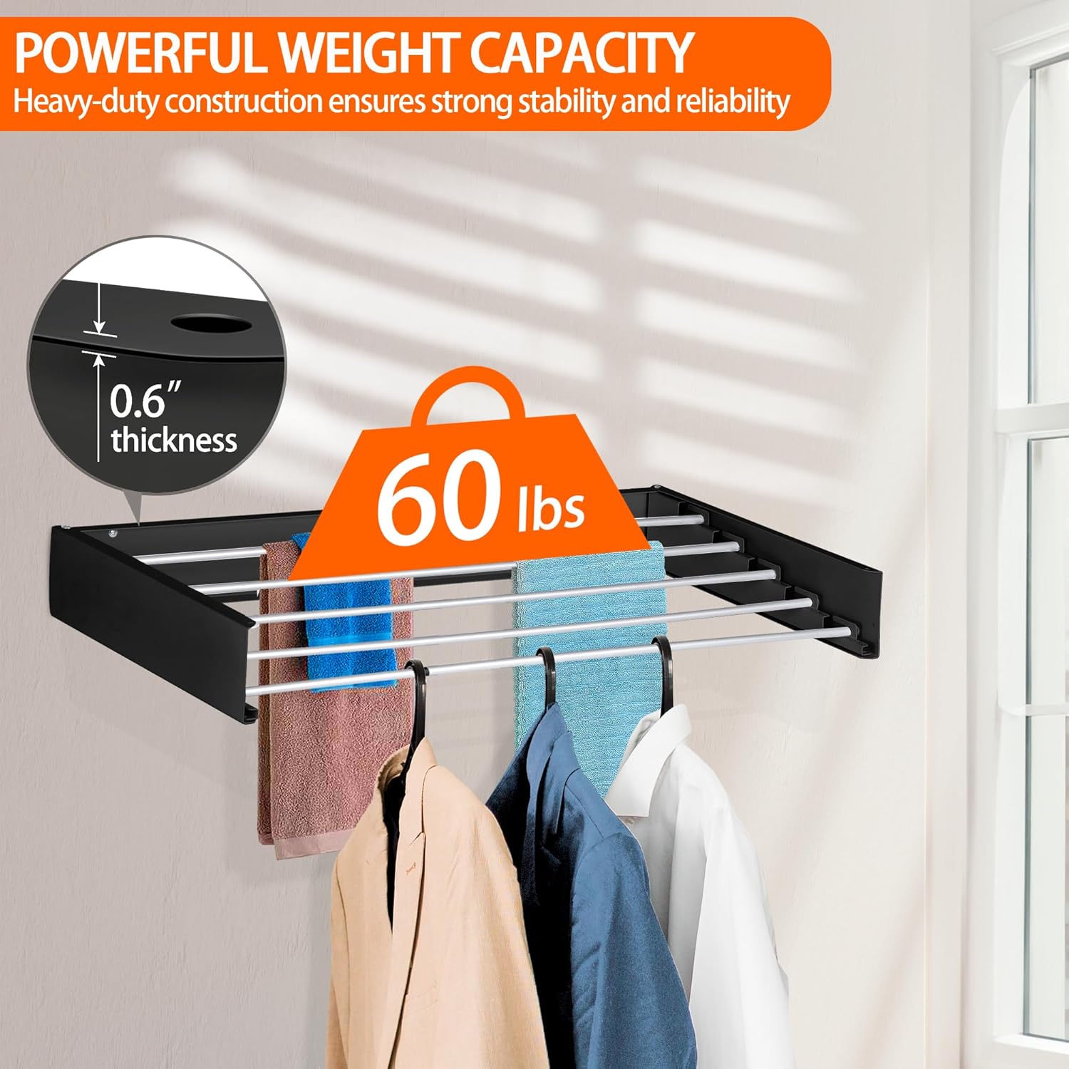 FOCHIER F Laundry Drying Rack Wall Mounted Clothes Drying Rack Collapsible with 5 Aluminum Rods and Drilling Template Long Screwdriver Bit 60 lbs Capacity (Black, 40")