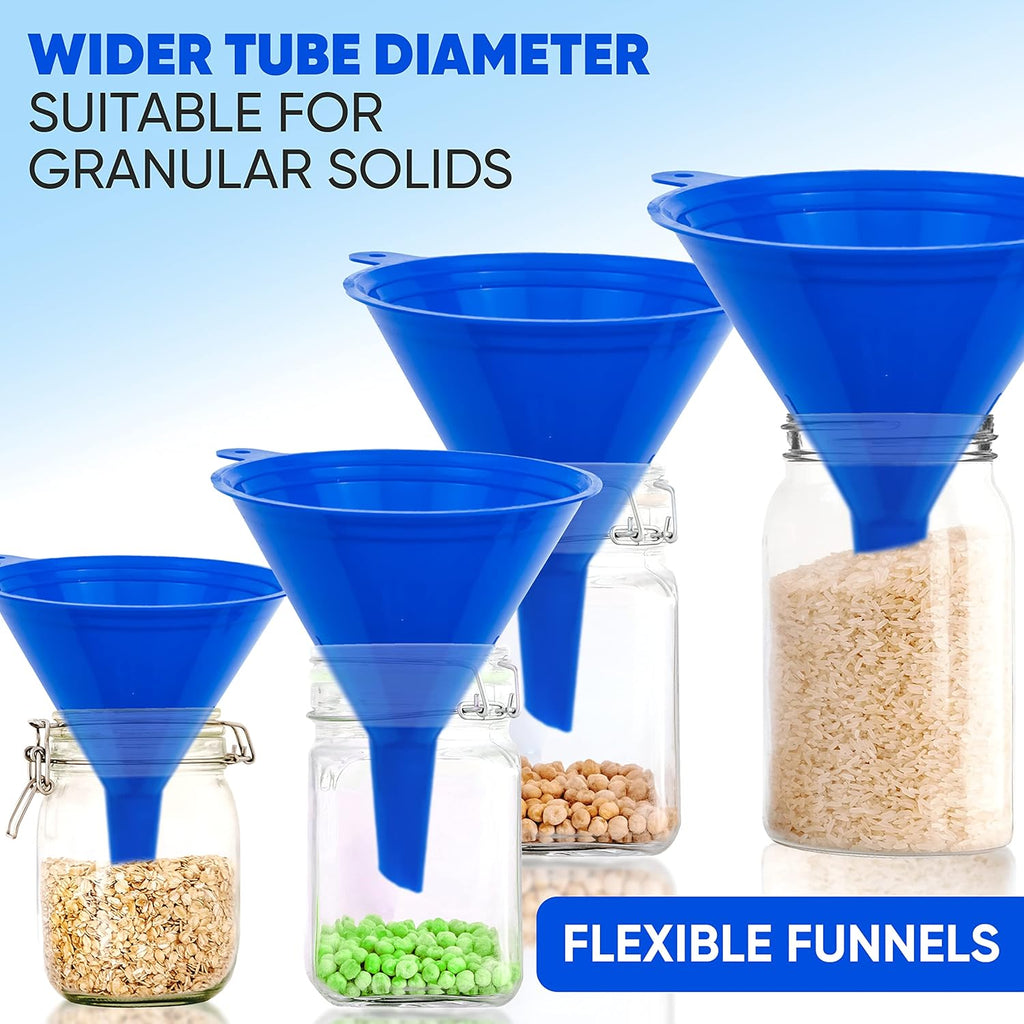 Funnel 4-Pack Funnels for Kitchen Use Filling Bottles - Food-Grade Plastic, Funnels for Automotive Use, Mess-Free Filling, funnels for Filling Bottles, Sizes (122, 101, 76 & 50mm)
