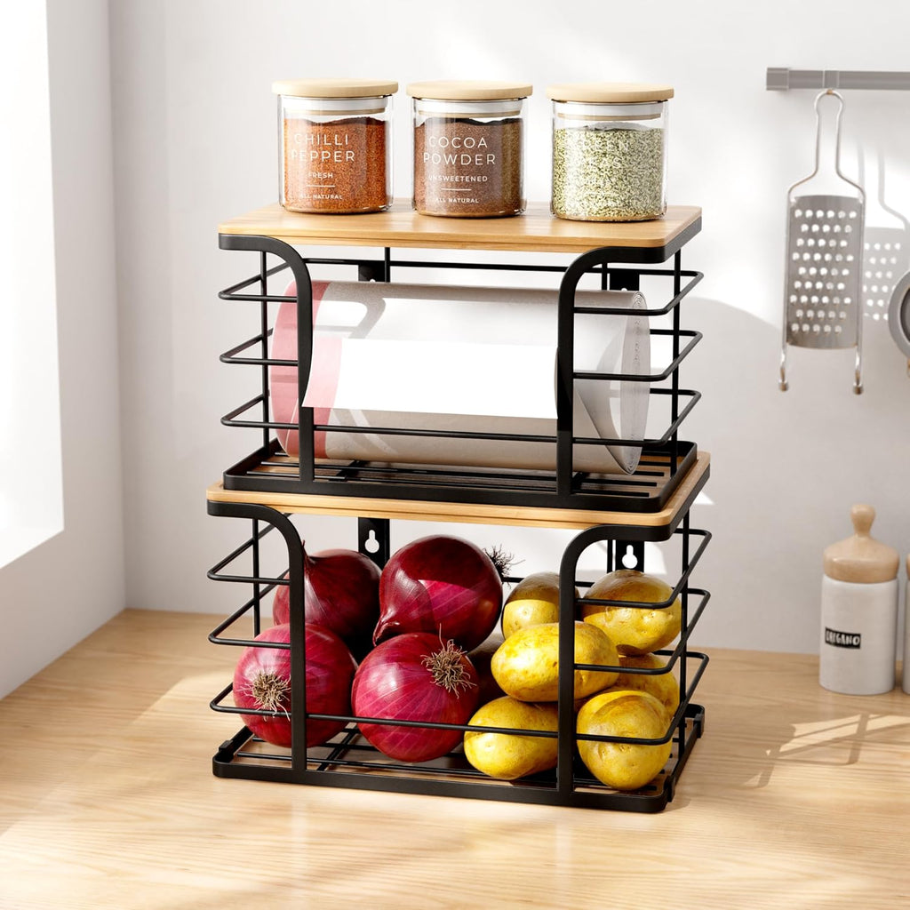 2 Pack Extra Large Stackable Pantry Organizers and Storage,Wall Mount Trash Bag Holder Dispenser with Bamboo Top for Kitchen Laundry Room Organization,Black
