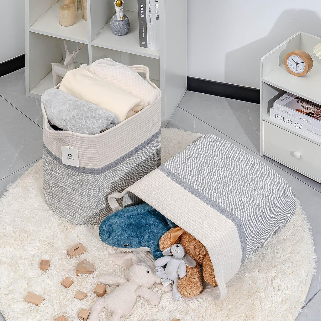 Storage Baskets for Clothes Fabric Cotton Rope Storage Basket with Handles, Decorative Woven Basket for Living Room,Closet Organizer Blankets, and 2bags (White/Gray, L17.8×W12.5×H17.9)