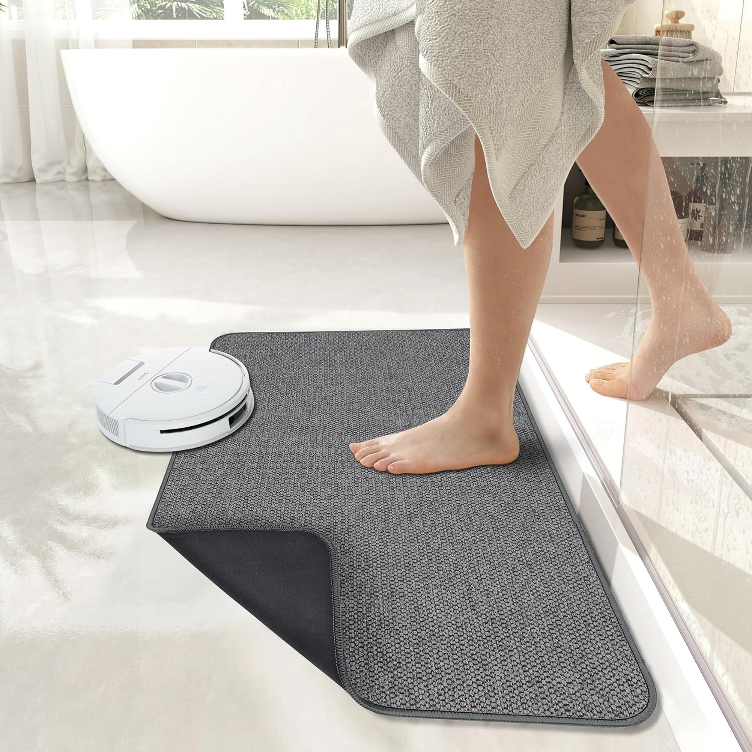 Bath Mat,Ultra Thin Bathroom Rugs,Rubber Bath Mats for Bathroom,No Slip Bath Rug,Quick Dry,Machine Washable,Low Pile,Absorbent,Shower Outside,Sink,Home Decor Accessories.Dark Grey,1'5"x2'3"(17x27inch)