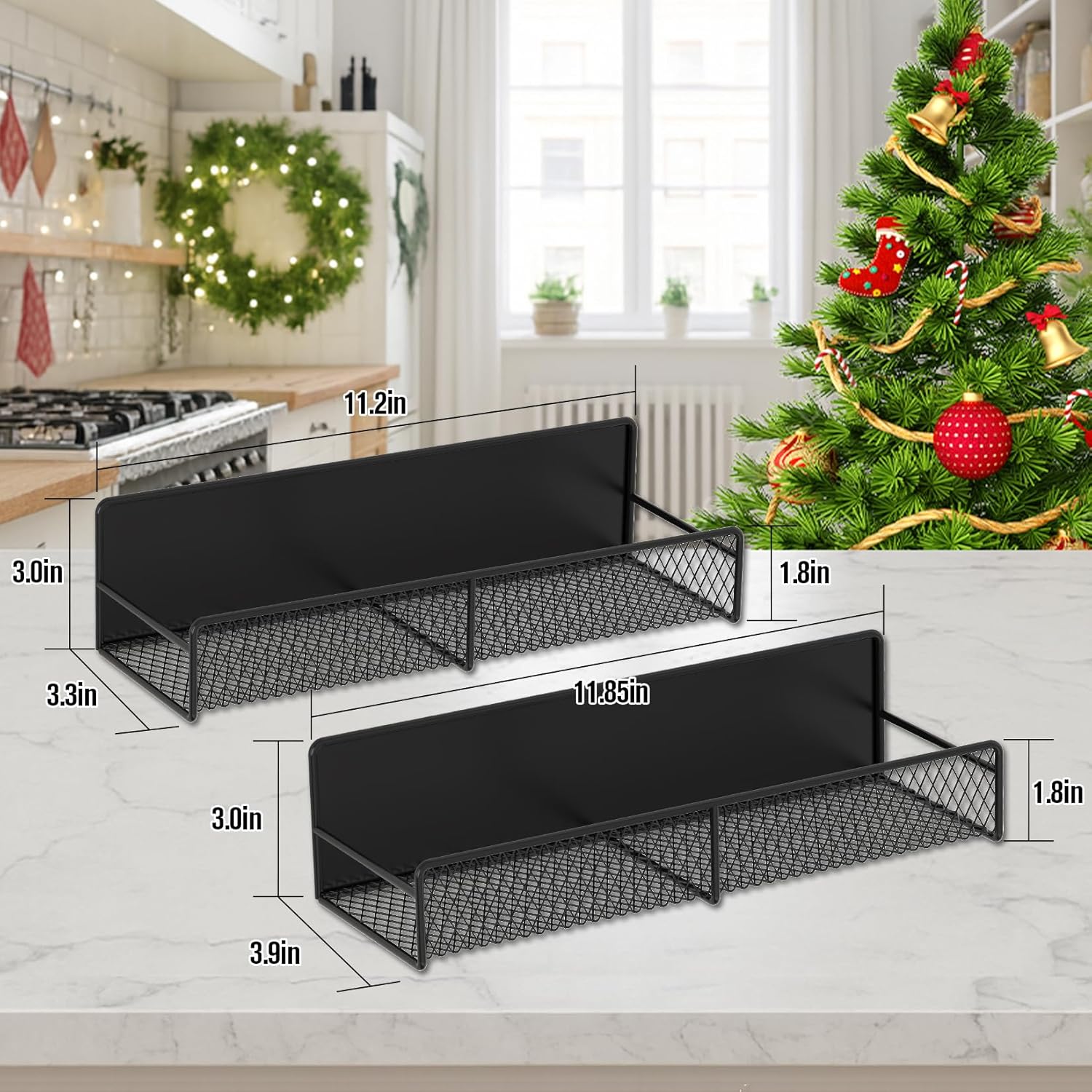 2 Pack Magnetic Spice Rack for Refrigerator, Black Magnetic Shelf with 4 Removable Hooks, Rustproof Magnetic Shelf for Fridge, Oven, Condiments, Oils, Seasoning Spice Organizer