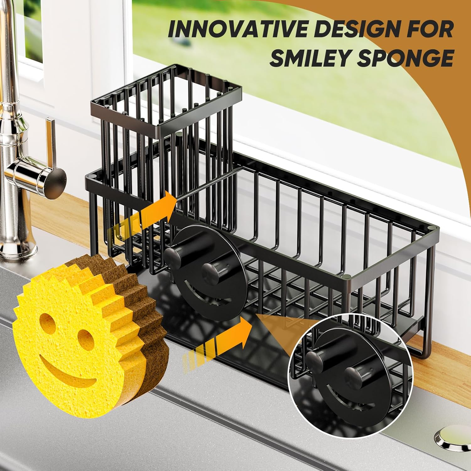 Sponge Holder for Kitchen Sink,Smiley Face Sink Caddy with Removable Brush Holder,Self-Draining Sponge Caddy for Soap,Dish Brush,Scrubber,Kitchen Essentials and Gadgets