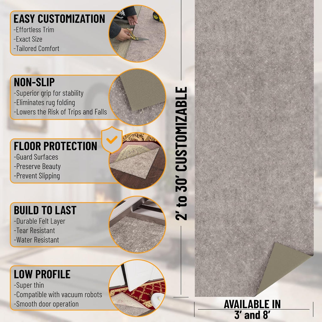 Ottomanson 5' x 8' Non-Slip Rug Pad Gripper 1/4 Inch Thick Dual Surface Felt + Rubber Gripper - Safe for All Floors, Brown