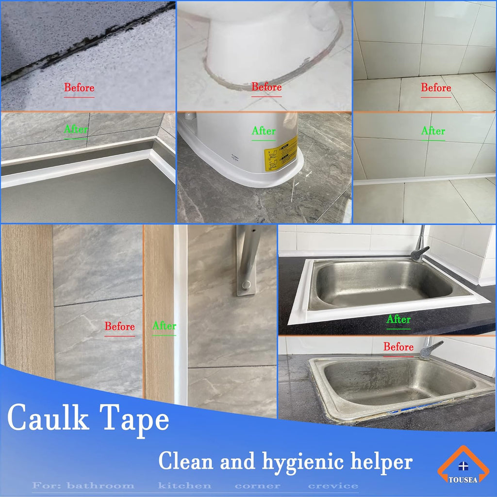 TOUSEA White Caulk Tape for Bathtub Self Adhesive,1.5" x 19.7Ft sealant Caulk Strip Caulking Sealing Tape for Kitchen Countertop,Bathroom,Toilet,and Bathtub Floor Wall Edge Protector