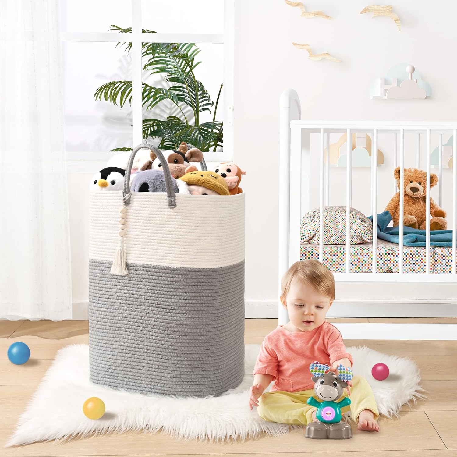 Woven Laundry Basket for Clothes, 65L Large Rectangle Laundry Hampers with Beads Tassel, Nursery Storage Basket for Toys, Tall Dirty Clothes Hamper for Bedroom Aesthetic, Laundry Room Organization