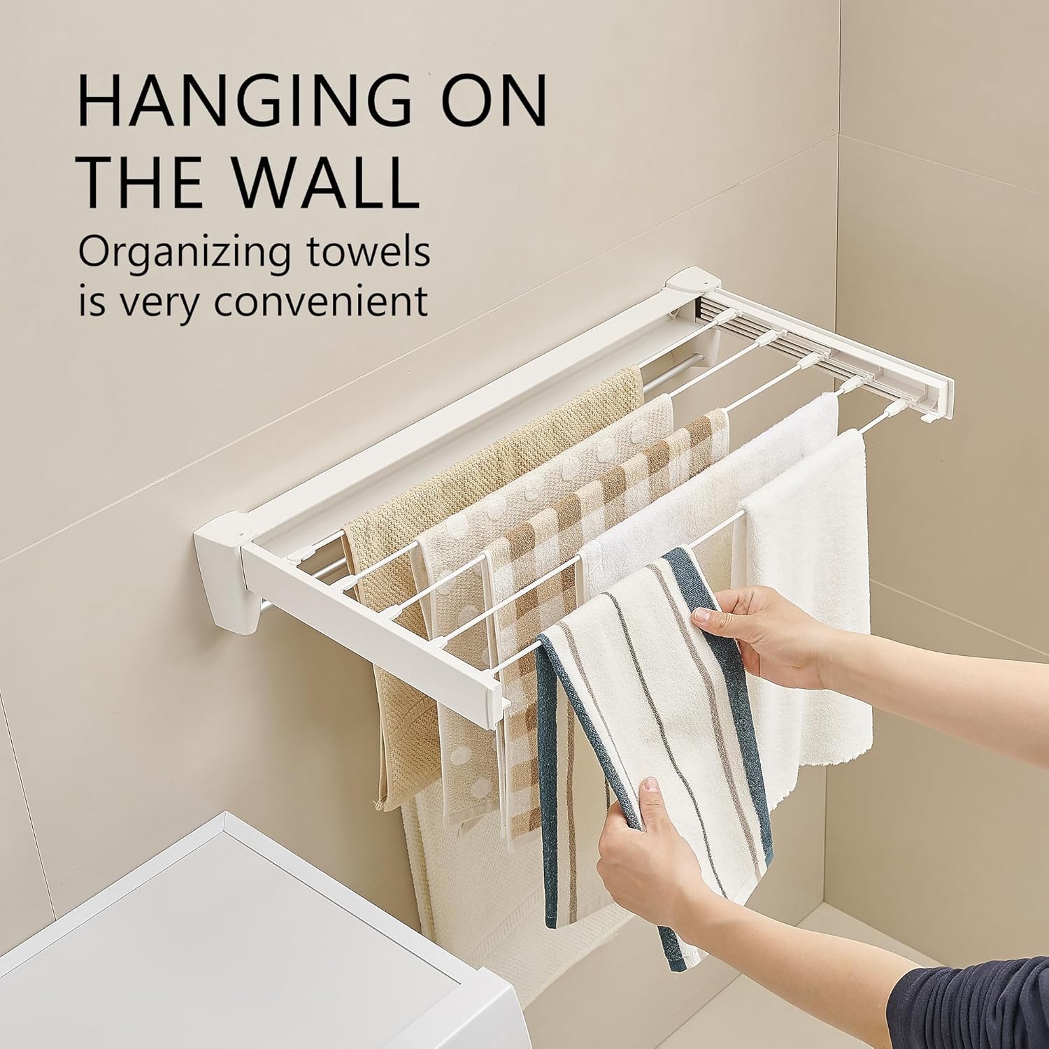 JOOM Laundry Drying Rack Collapsible, Wall Mounted Drying Rack, Clothes Drying Rack, Retractable Drying Racks, 27.5" Wide, 5 Aluminum Rods with Hooks, 60 lb Capacity (White 27.5" with Hooks)