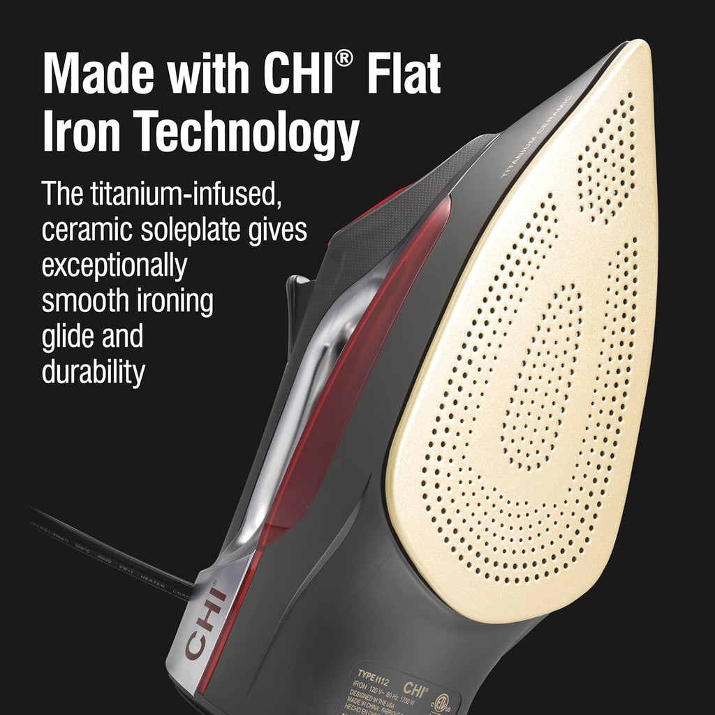 CHI Steam Iron for Clothes with 8’ Retractable Cord, 1700 Watts, 3-Way Auto Shutoff, 400+ Holes, Professional Grade, Temperature Control Dial, Titanium Infused Ceramic Soleplate, Silver (13106)