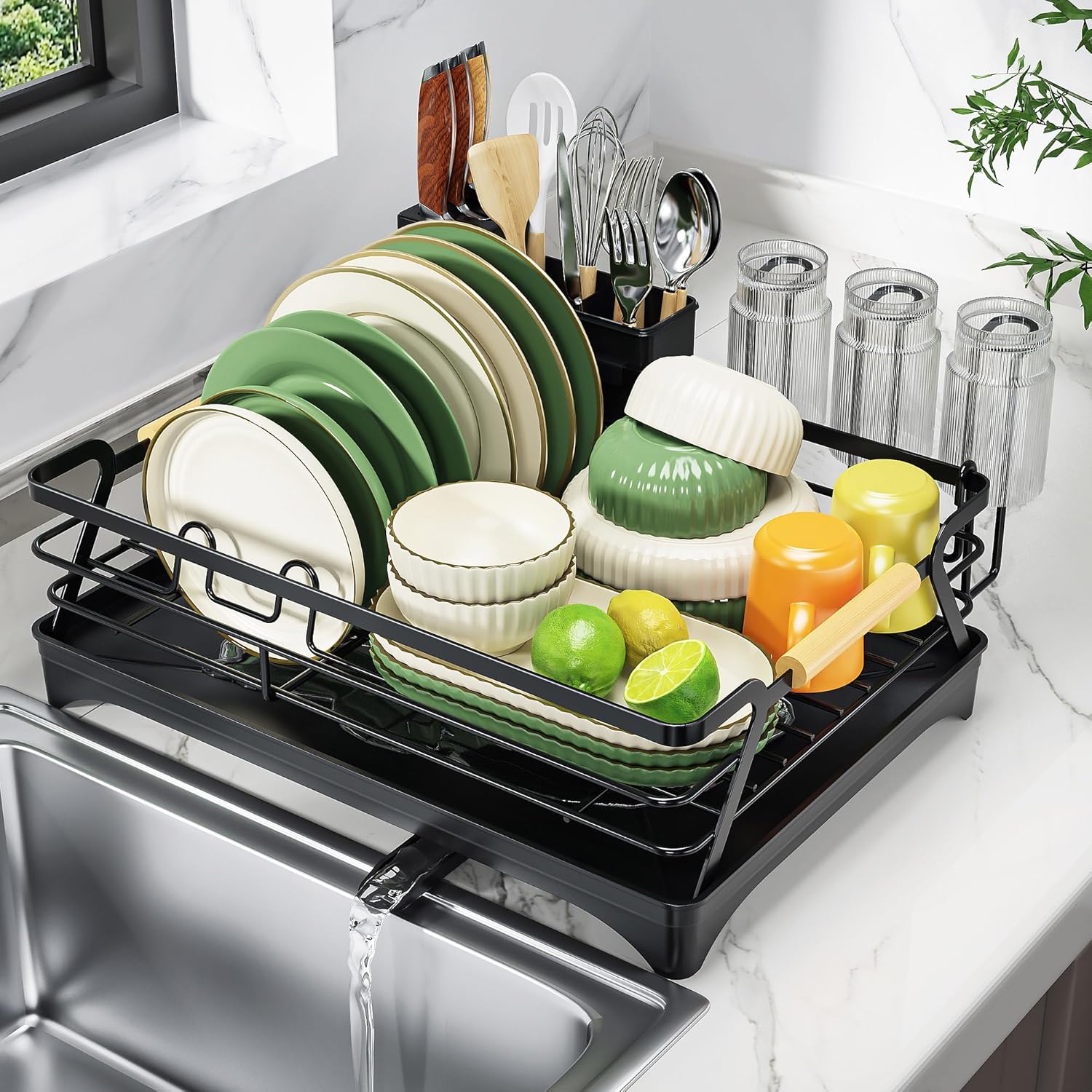 Epicano Dish Drying Rack for Kitchen Counter,Space-Saving Dish Rack,Rustproof Dish Drainer with Utensil Holder and Knife Slots for Sink,Kitchen Drying Rack with Wooden Handle and Cup Holder, Black