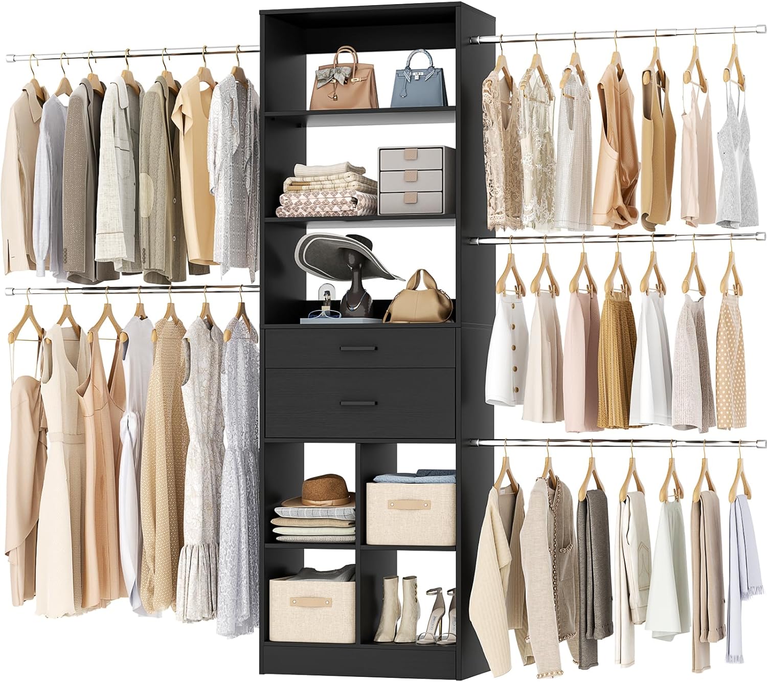 Closet System, 4-8 FT Closet Organizer Tower with 2 Wooden Drawers and Shelves, Can Fit 60 to 96 inch Walk-in Closet System with 5 Hang Rods, Built-in, Black