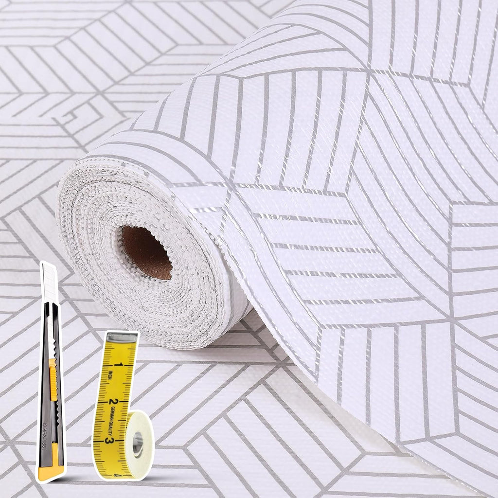 Shelf Liners for Kitchen Cabinets Non Adhesive Shelf Liner Paper Non-Slip Thickened Drawer Liner Easy to Clean for Tool Box Refrigerator with Knife and Tape Measure, Silver Geometric, 17.3 x 236.2 in