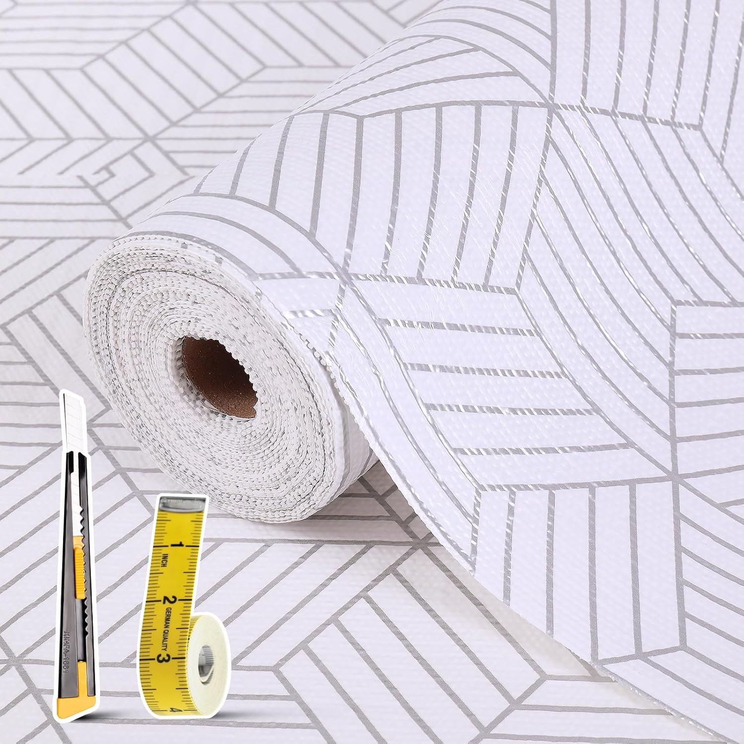 Shelf Liners for Kitchen Cabinets Non Adhesive Shelf Liner Paper Non-Slip Thickened Drawer Liner Easy to Clean for Tool Box Refrigerator with Knife and Tape Measure, Silver Geometric, 17.3 x 236.2 in