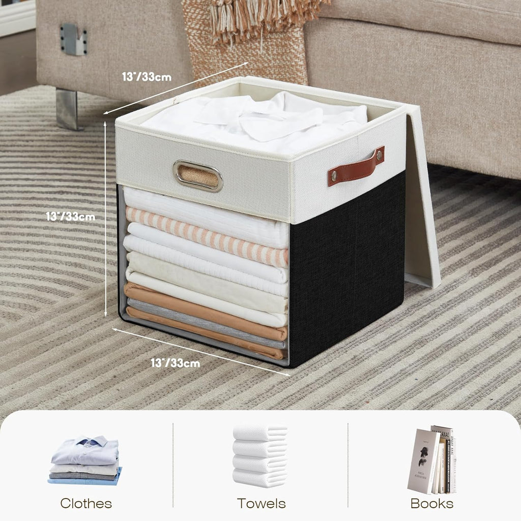 Fabric Storage Cubes with Clear Windows and Lids, 13'' Foldable Storage Bins with 3 Handles, Decorative Storage Boxes for Home, Bedroom, Closet, Office (Balck & White)