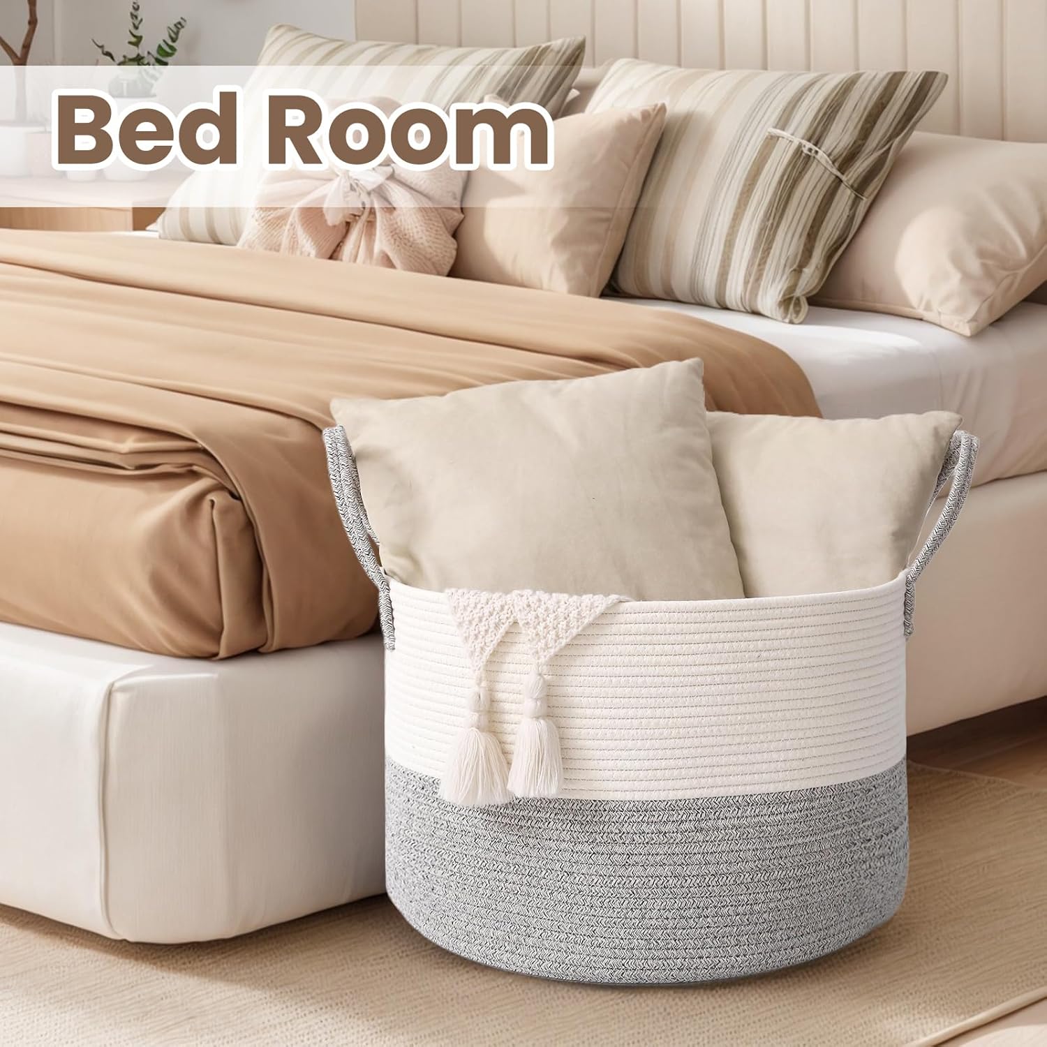 Woven Blanket Basket,115L Large Rope Storage Bin with Handles, Organizer for Blankets Toys Book and Clothes, Laundry Basket for Living Room Bedroom Nursery,White&Grey