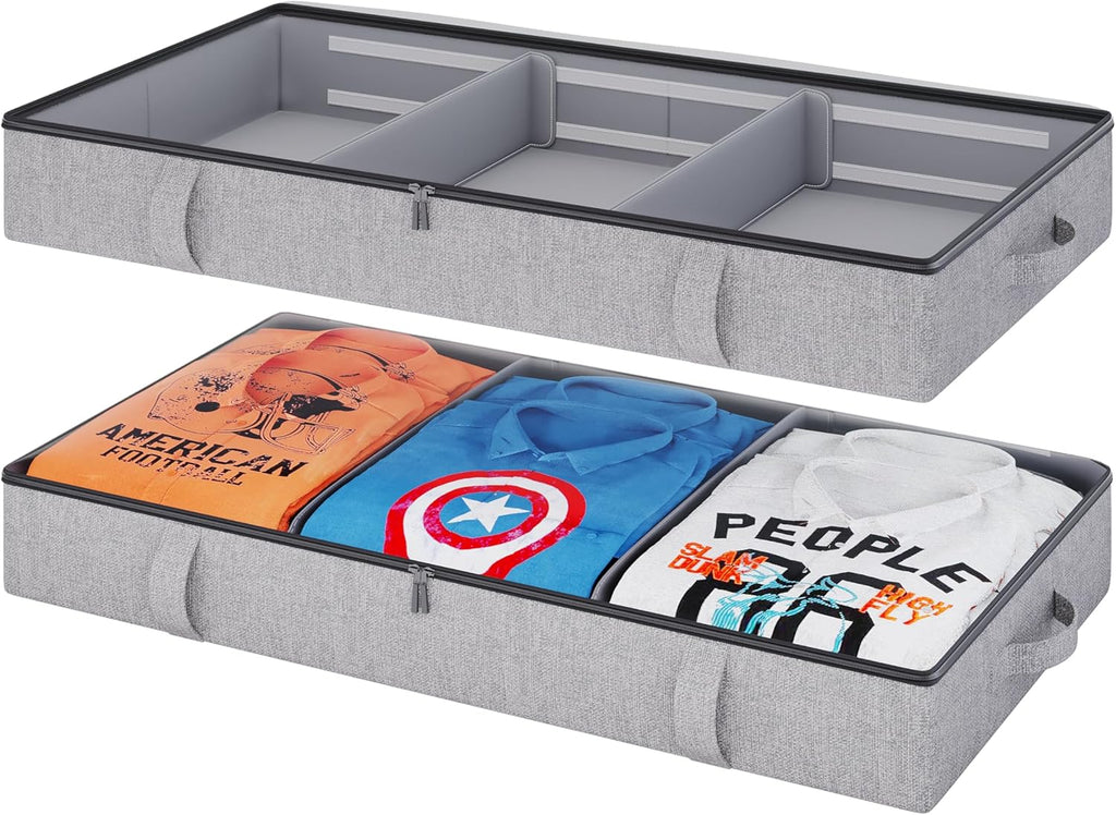 Vailando Under Bed Storage, 2 Pack Under Bed Storage Containers with Dividers, Firm Sides, Strong Zipper, 3 Reinforced Handles, 6 Inches Low Profile Underbed Storage Bins for Clothes, Blankets, Grey