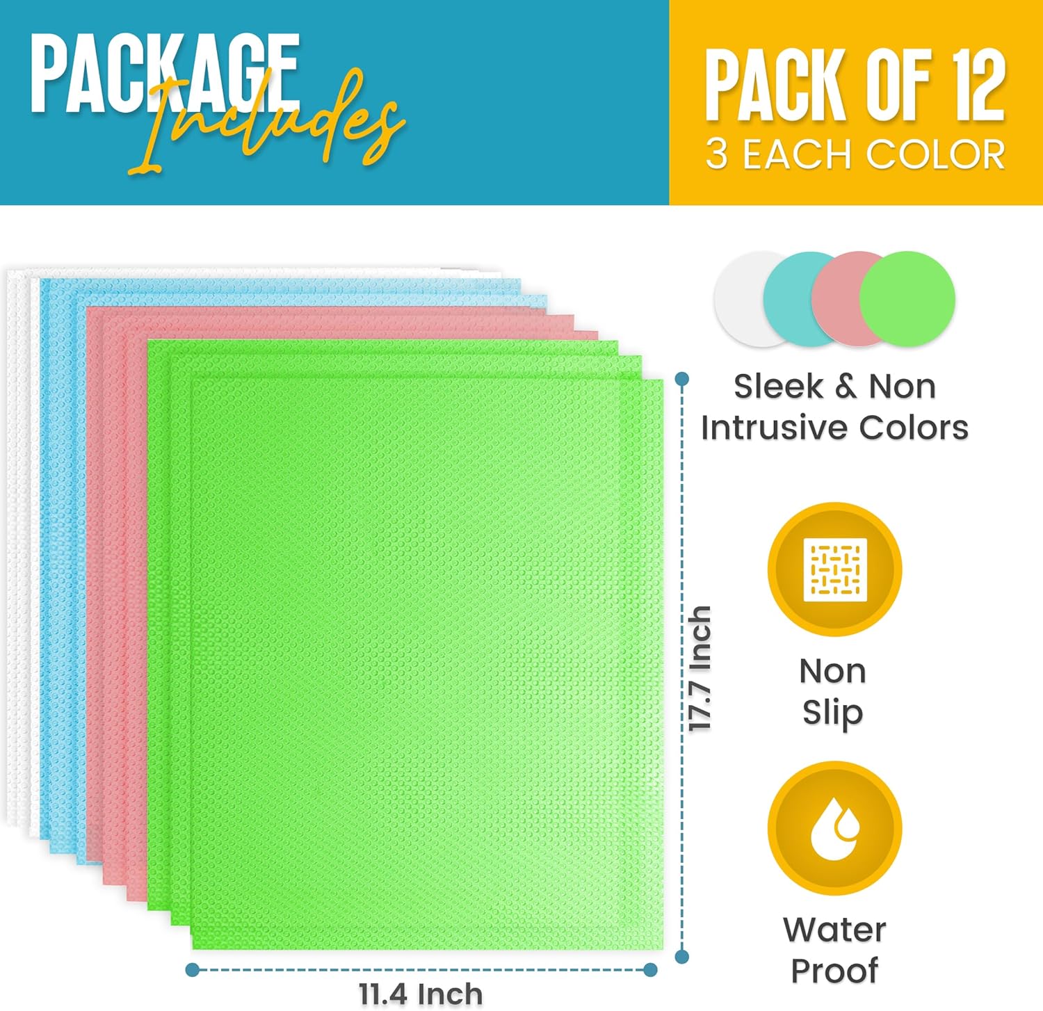 Refrigerator Liners for Shelves (12 Pack) by Linda’s Essentials - Non-Adhesive Shelf or Drawer Liner, BPA-Free Fridge Mats for Kitchen & Cabinets, Easy to Clean, Ideal Household Essentials(MultiColor)