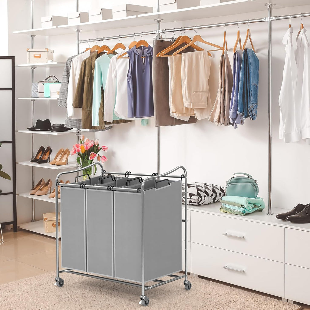 Simple Houseware Heavy-Duty 3-Bag Laundry Sorter Cart, Silver